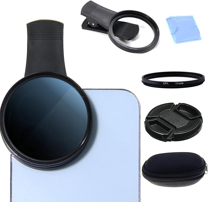52MM Circular Polarizer Filter for Phone, Clip-on CPL Phone Camera Lens Filter Compatible with iPhone 16 15 14 13 and Other Smart Phones, Ultra Slim Multi-Coated CPL Lens Filter with Case by Unknown