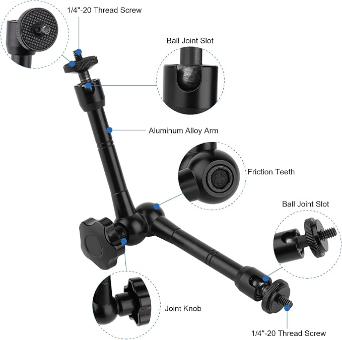 Super Clamp Camera Clamp Mount,10inch 360° Adjustable Articulating Magic Arm Holder,1/4"-20 Thread for Video Light / Insta360 / Canon Nikon DSLR Cameras,Adapter for GoPro Hero 13/12/11/10/9/8/7/6/5 - Image 2