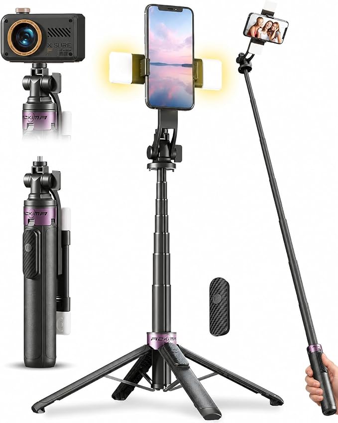 53" Selfie Stick Tripod with Dual Fill Lights and 4-Leg Base | Enhanced 4-leg Steady Base, Rechargeable Wireless Remote control, 2 Fill Lights, Travel Essentials for iPhone Android by SelfieStickTripodsforPhone