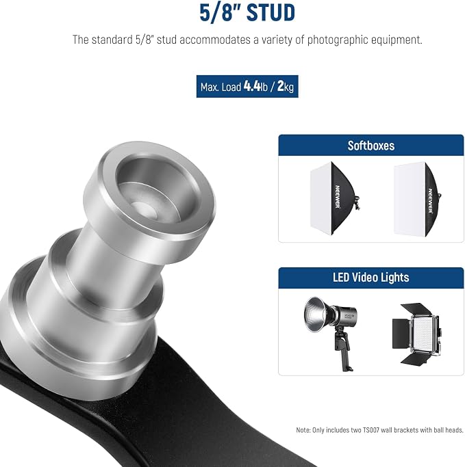 NEEWER 2 Pack E Type Wall Ceiling Mount, Ring Light Wall Mount Bracket with Detachable Ball Head, 5/8" Stud, 1/4" Screw for Flash Strobe Camera Monitor Studio Lighting, Max Load: 4.4lb/2kg, TS007 - Image 5