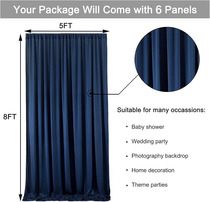 30 ft x 8 ft Navy Blue Backdrop Curtain Panels, 6 Panels 5 ft x 8 ft Wrinkle Free Polyester Photography Backdrop Drapes, Wedding Party Home Decoration Supplies - Image 5