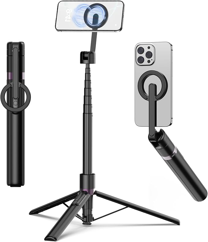TONEOF 68" Magnetic Aluminum Phone Tripod Selfie Stick for iPhone & Android | Rechargeable Remote,360° Rotatable Foldable Cell Phone Stand Holder with Metal Ring,Travel Tripod for Magsafe (Black) by TONEOF