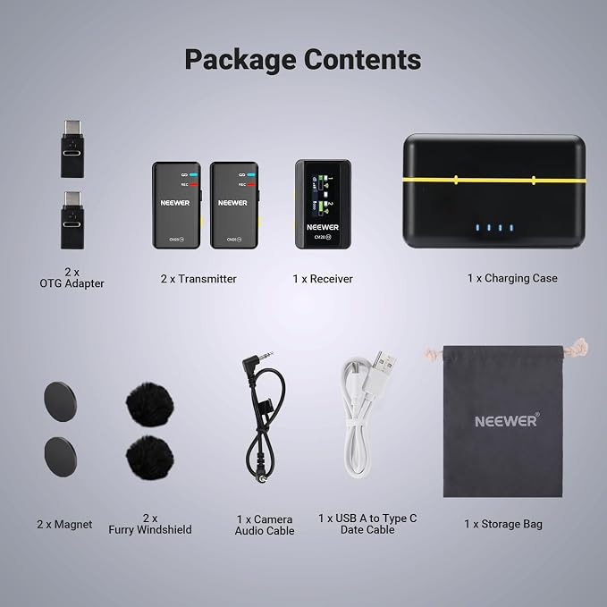 NEEWER CM28 Wireless Lavalier Microphone, Smart Noise Cancelling Lav Mic, 48KHz/16Bit 9hrs Uncompressed Recording, 200m Range, 4GB Storage for iPhone, Android, Camera, 1 RX + 2 TX + Charging Case - Image 10