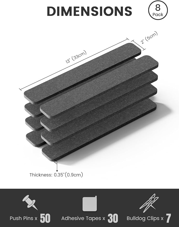 Fluxynara 13" x 2" Felt Wall Panels, Charcoal Gray | 8-Pack Includes 50 Push Pins and Adhesive Tabs for Photos, Notes and Decor in Bedroom Doors, Home Office or Studios - Image 2