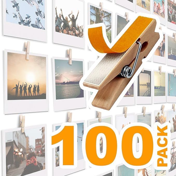 100 Pack Mini Self Adhesive Clips for Pictures - Wood Clip Photo Holders for Wall, Photo Cards Hanging Display Board & Picture Boards, Artwork Photos Holders Hangers Room Decor (Light Wood 100pack) by TOROS