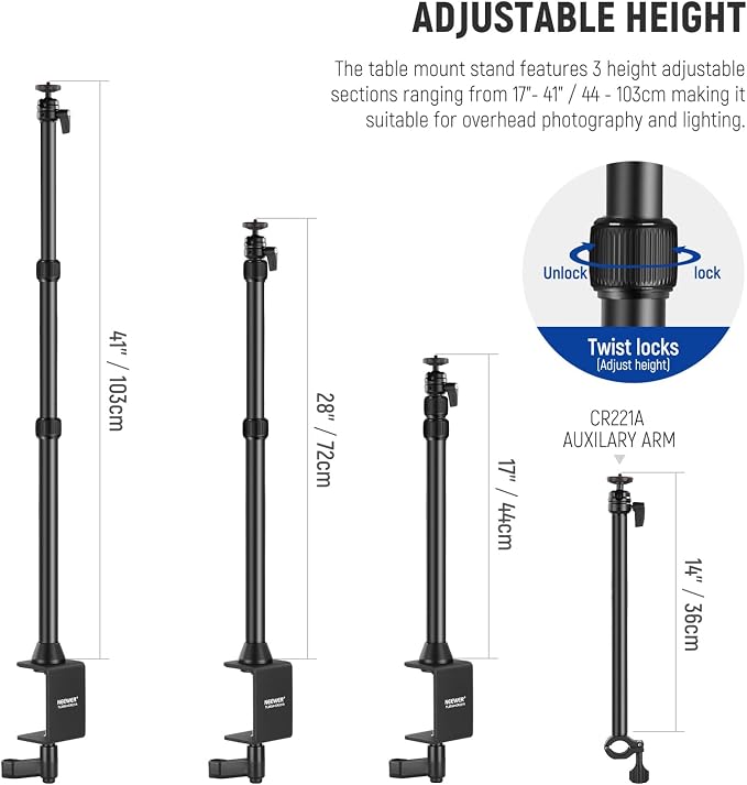 NEEWER Camera Desk Mount with Overhead C Amera Mounting Arm and 1/4" Ball Head, 17" - 41" Adjustable Tabletop Light Stand with C Clamp for DSLR Camera, Ring Light, Webcam, Photo Video Shooting - Image 2