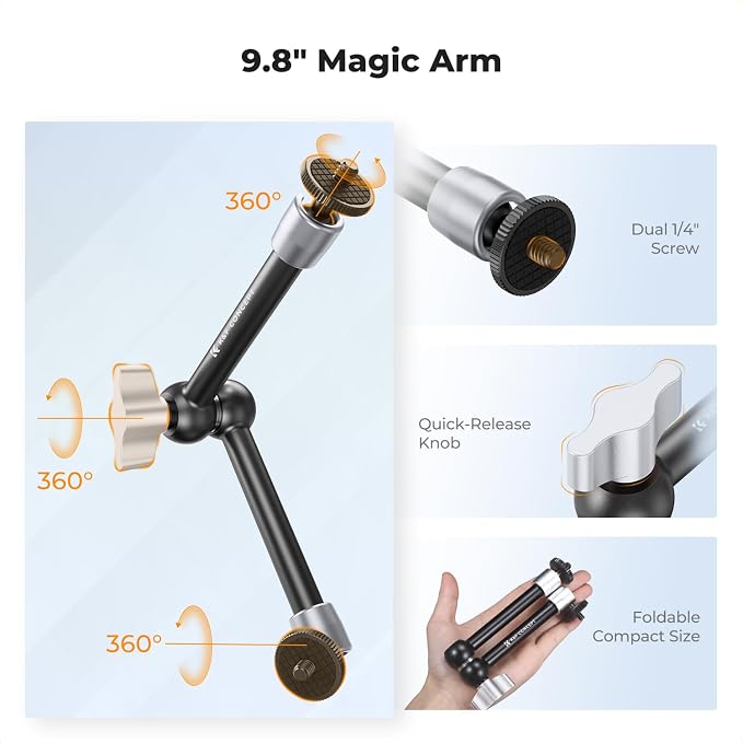 K&F CONCEPT 9.8" Magic Arm Clamp Kit with Dual 360° Ball Heads | Camera Arm Mount for Monitor, Flash, LED Light, Microphone, Camera Cage, Action Camera, Sliver, MS32 - Image 6