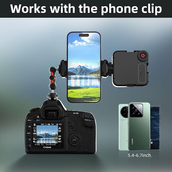 SOH Hot/Cold Shoe Phone Mount Holder, Universal 2 Ball Head Smartphone Mount Adapter, Cold Shoe Phone Clip Mount for iPhone 17/16/15, DSLR Camera LCD Camera Cage Flash LED Light Microphone and More - Image 7