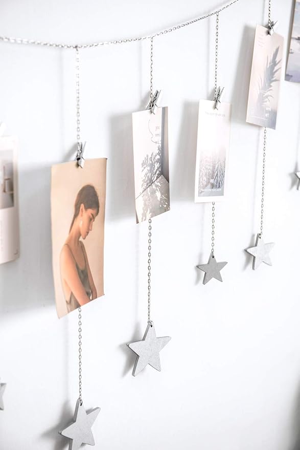 Mkono Hanging Photo Display, Boho Picture Wall Decor, 25 Wood Clips, Silver | Teen Girl Gift, Artworks Cards Holder, Wooden Stars, Metal Chains, Bedroom Living Room Dorm Office, Christmas Birthday - Image 6