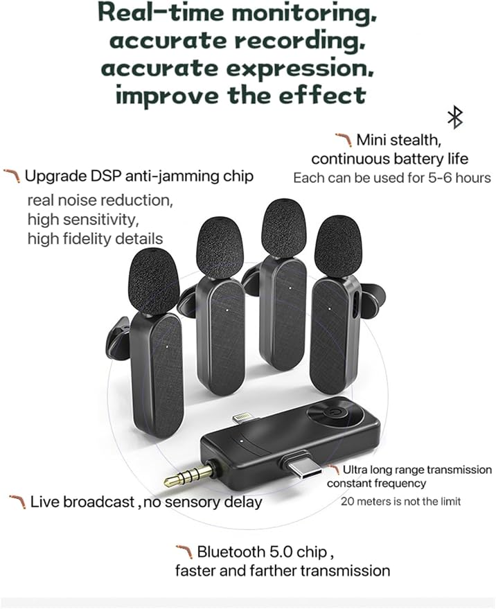 3 in 1/Four in one Wireless Lavalier Microphone for iPhone,iPad,Android,Camera,Computer,mini Noise Reduction Recording Mic Ultra-Low Delay,for Vlog/TikTok/YouTube Live Stream (4 Mic) - Image 4