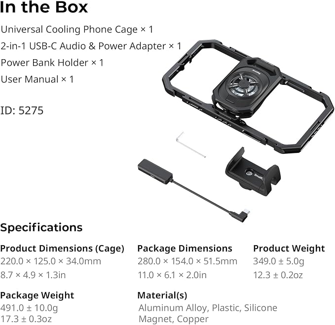 SmallRig Universal Hyper Chill Cooling Phone Cage for iPhone/Android, with 15W Active Cooler & 2-in-1 USB-C Adapter & Power Bank Holder, Compatible 2.5-3.1" Phones, Live Streaming Video Shooting-5275 - Image 8