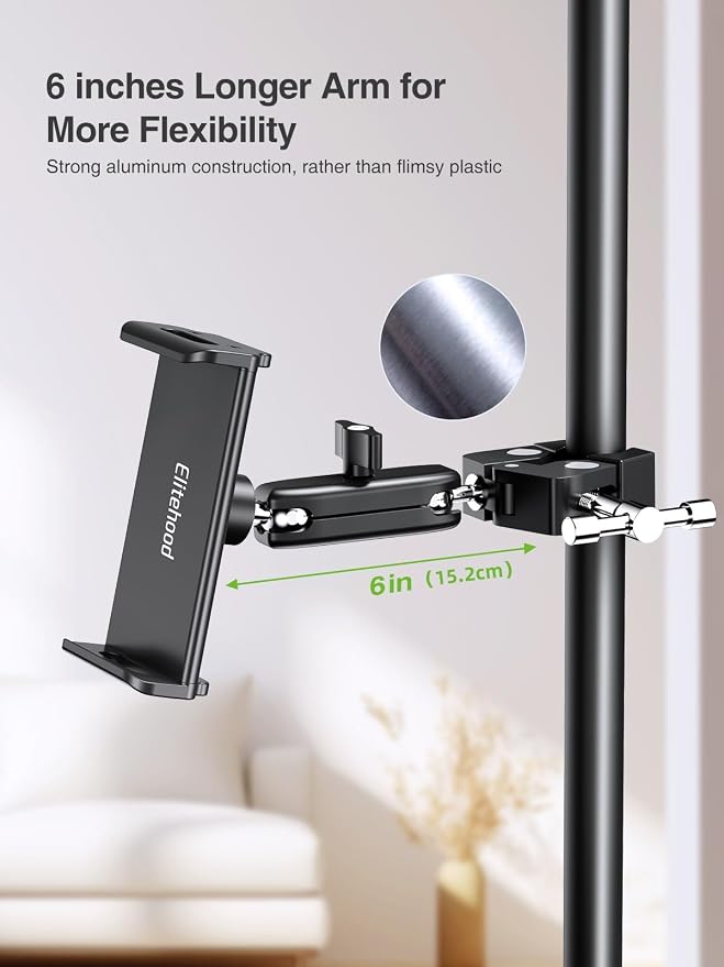 elitehood Universal iPad Mount Clamp, Metal Clip On Tablet Holder for Mic | Dual Adjustable Ball Head, Aluminum iPad Holder for Mic Stand, iPad Pole Mount for Drum Mic Yoke Boat Wheelchair Stroller - Image 2