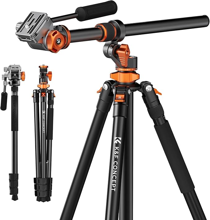 K&F CONCEPT 90''/230cm Horizontal Fluid Head Camera Tripod | Heavy Duty Overhead Shooting Video Tripods, Center Colmun, Detachable Monopod, for Indoor and Outdoor Use T254A7+FH-03 by KFCONCEPT