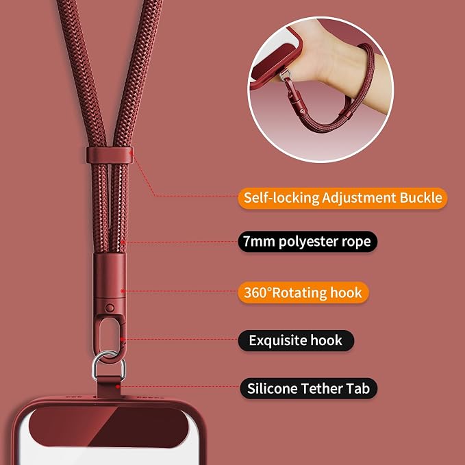 Phone Wrist Strap Lanyard Hand Universal Adjustable Phone Finger Grip Wristlet with 3 Patches Tether Anti Theft for iPhone 16 Pro Max 15 Charms for Keychain USB Flash Drive Wallet ID Name Tag Burgundy - Image 3
