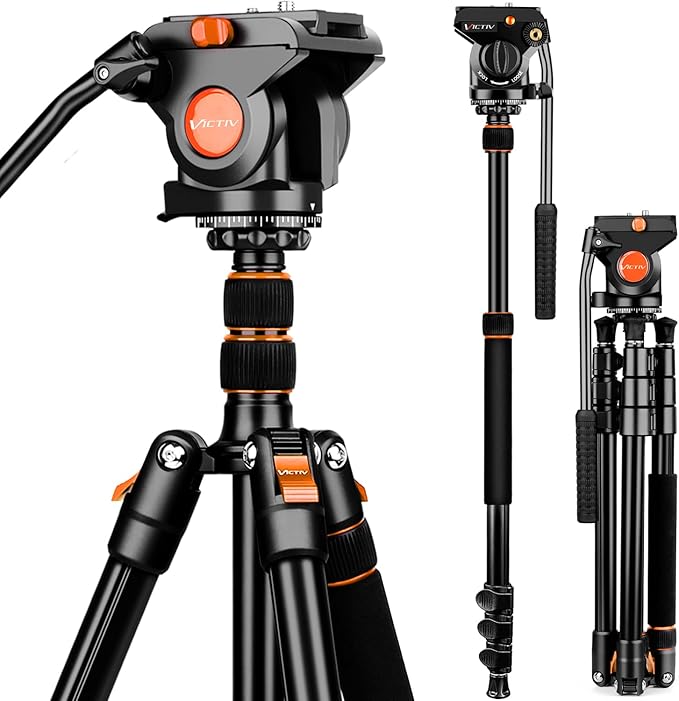 Victiv 72" Video Camera Tripod, Heavy Duty Fluid Head Tripod with Carry Bag | Professional Aluminum Camera Tripod Stand, 2-in-1 Camera Tripods & Monopods, Compatible with Camcorder, DSLR, Porjector by Victiv