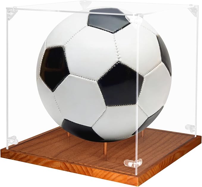 Clear Acrylic Soccer Display Case with Wood Base & Tee, Memorabilia Stand Cube Holder, Dust Protection Transparent Storage Box for Single Ball Souvenir Soccer Ball Collections by Hxezoc