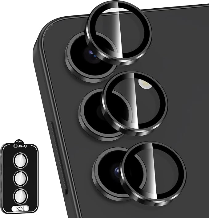 for Samsung Galaxy S24 Camera Lens Protector, Individual Metal Ring Tempered Glass Lens Cover, [Strong Adsorption] Scratch Resistant Ultra-Thin HD Clear Lens Cover, 1 Set-Black Ring by Btscase