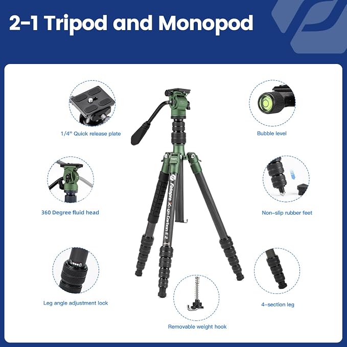 Fotopro 62" Carbon Fiber Travel Tripod, Lightweight Compact Video Tripods with Fluid Head, Detachable Monopod with Arca-Swiss Quick Release Plate and Bag, Camera Tripod Load up to 8KG/17.63lbs, Green - Image 7