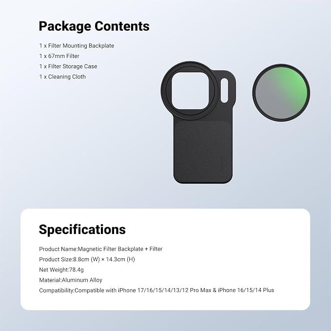 NEEWER 6.9" Magnetic Phone Lens Filter Mount Adapter Backplate Accessories & 67mm CPL Filter Circular Polarizing Polarizer Compatible with MagSafe iPhone 12/13/14/15/16/17 Pro Max & 14/15/16 Plus - Image 9