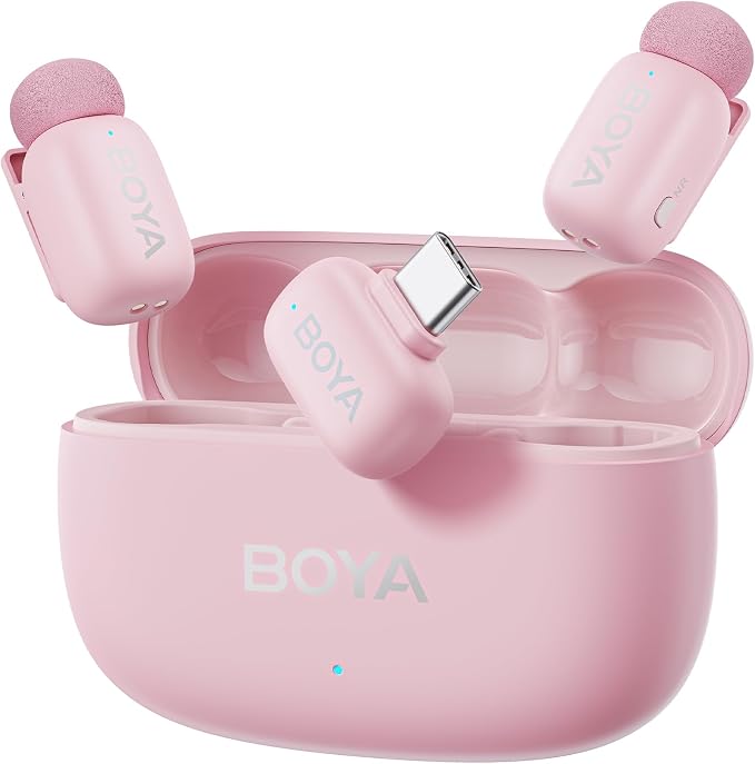 BOYA mini 2 Wireless Lavalier Microphone for iPhone15/16/17 & Android, Pink | AI Noise Cancellation, App Control, 30H Battery Life with Charging Case for Vlogging Interviews and Content Creation by BOYA