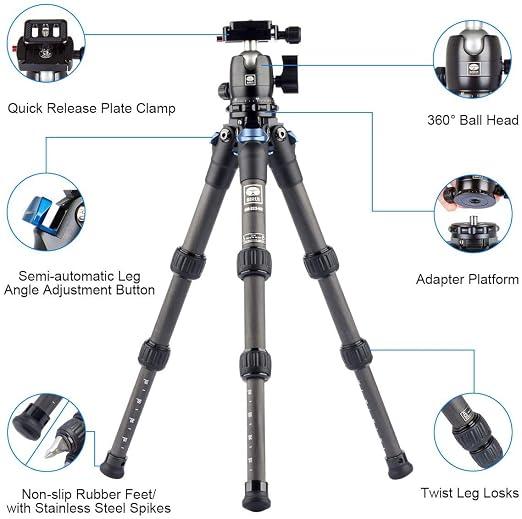 SIRUI AM-223 Carbon Fiber Camera Tripod Mini Travel Compact Tripod with 360° B-00K Ball Head, Arca Swiss Quick Release Plate, Loads up 15KG, Max Height 16", Folded Height 12.1",Black - Image 2