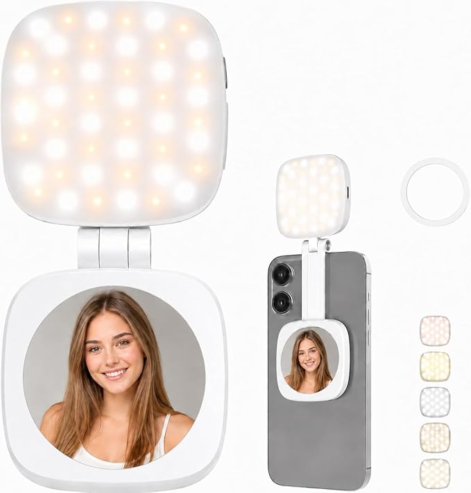 Magnetic Selfie Light Compatible with MagSafe, Foldable LED Phone Light with Mirror, 48 LEDs 5 Color Modes & 5 Brightness Levels, 360° Rotating Fill Light for Selfies, Makeup, TikTok, Zoom by PIDINUK