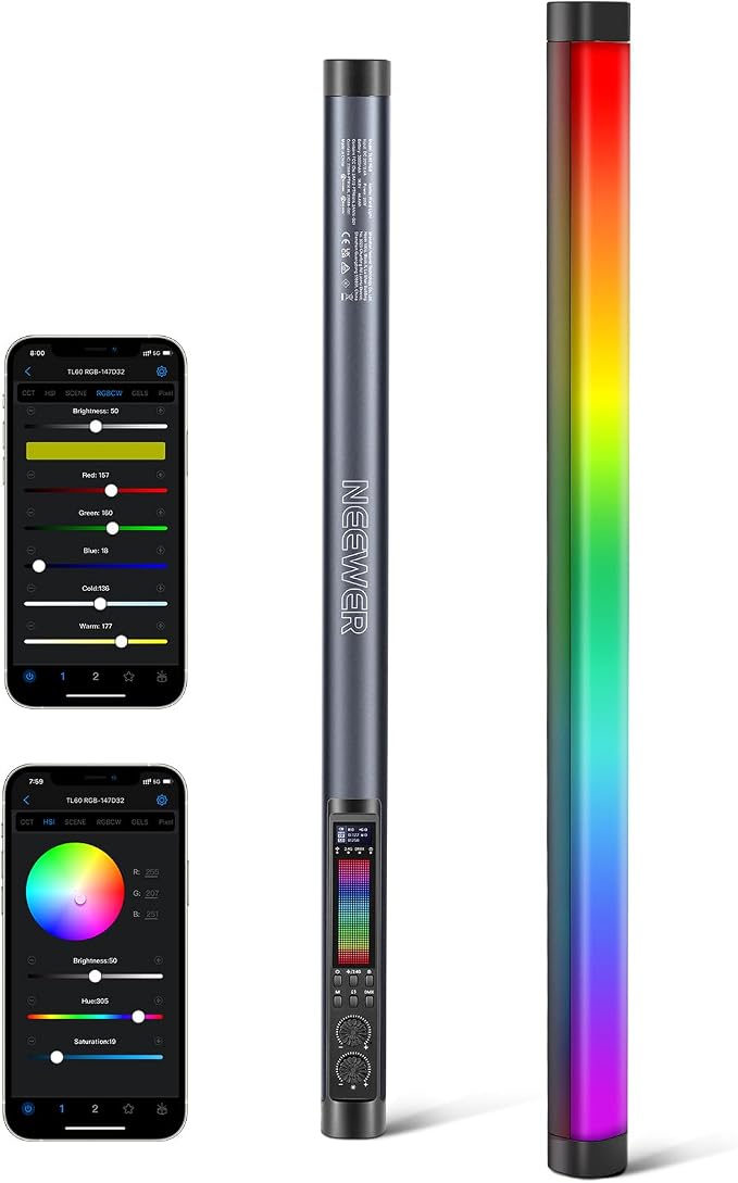 NEEWER TL60 RGB Tube Light, 20W Full Color RGBWW LED Video Lighting Wand Stick for Studio Photography Recording Streaming, APP/2.4G/DMX Control, 7 Pixel Effects 18 Scenes, 2500-10000K CRI97+ TLCI98+ | App/2.4G/DMX Control, 7 Pixel Effects, 2500K-10000K... by Neewer