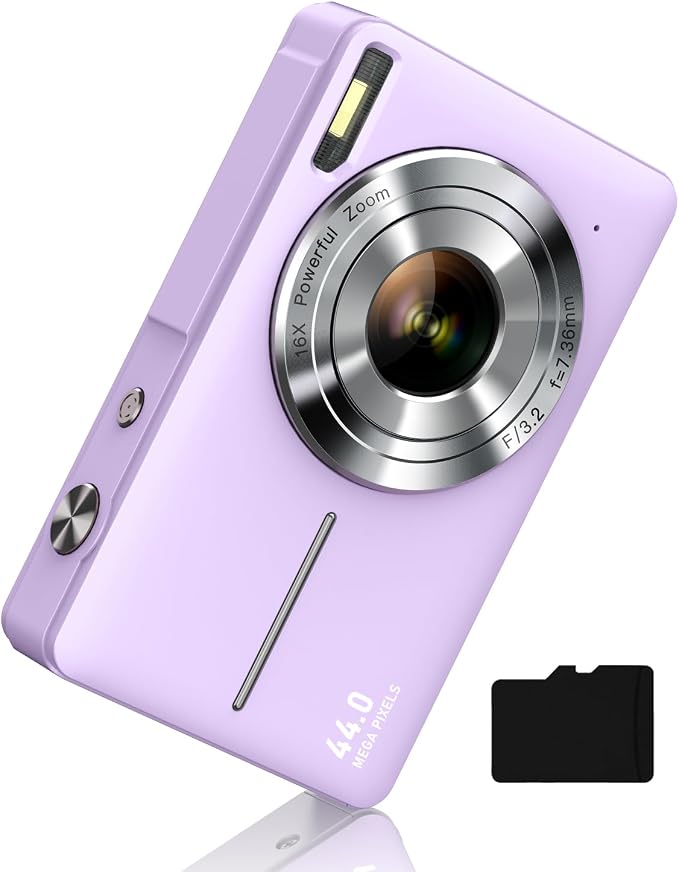 Digital Camera 1080P with 32G Card 16X Zoom 3" Screen Easy for Kid, Purple | Compact camera with anti-shake, Includes 2 batteries & charger. Perfect for parties, trips, birthdays gift from parents by CAMKORY