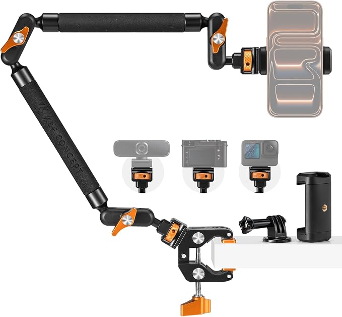 K&F CONCEPT 22" Magic Arm Clamp Kit, Overhead Desk Camera Mount, Long Articulating Friction Boom Arm for Phone, Action Camera, LED Light, Microphone | Long Articulating Friction Boom Arm for Phone, Action Camera, LED Light, Microphone, MS63 by KFCONCEPT