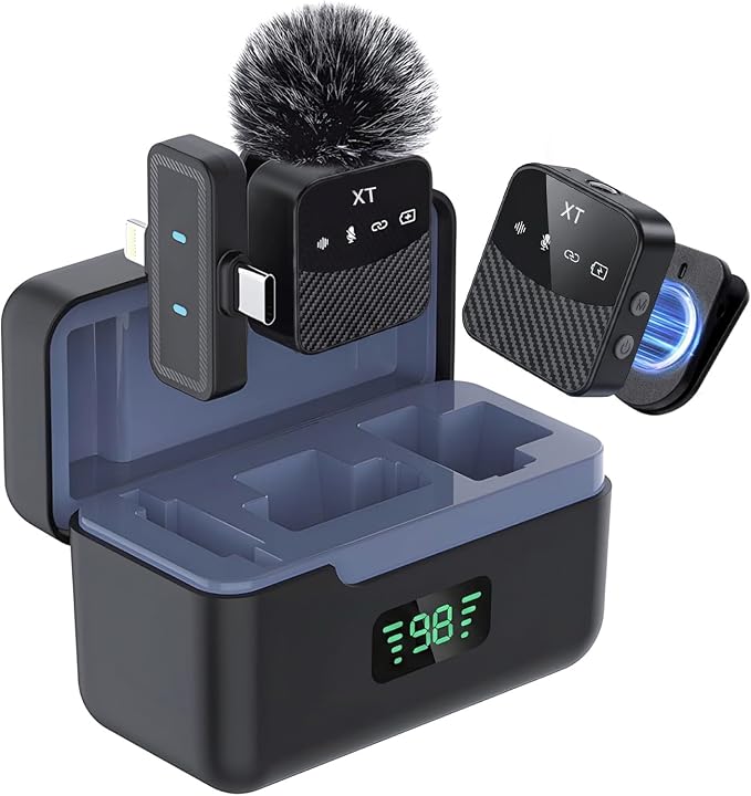 Wireless Lavalier Microphone, Mini Compact Lapel Mic with Magnetic Clip & Charging Case, 25H Long Battery Life, Noise Reduction, Dual Interface for iPhone Android Video Recording Vlogging Podcast by DORNLAT