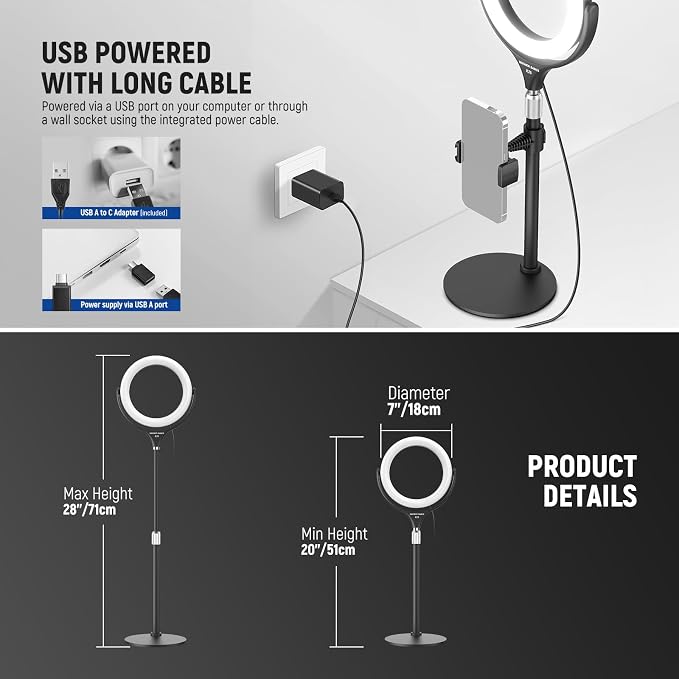 NEEWER Basics 7" Desk Ring Light with Stand/Phone Holder Compatible with iPhone, 10W CRI95+ Bi Color LED Selfie Light for TikTok Recording Laptop Webcam Zoom Video Conference Lighting Makeup, RL7B - Image 4