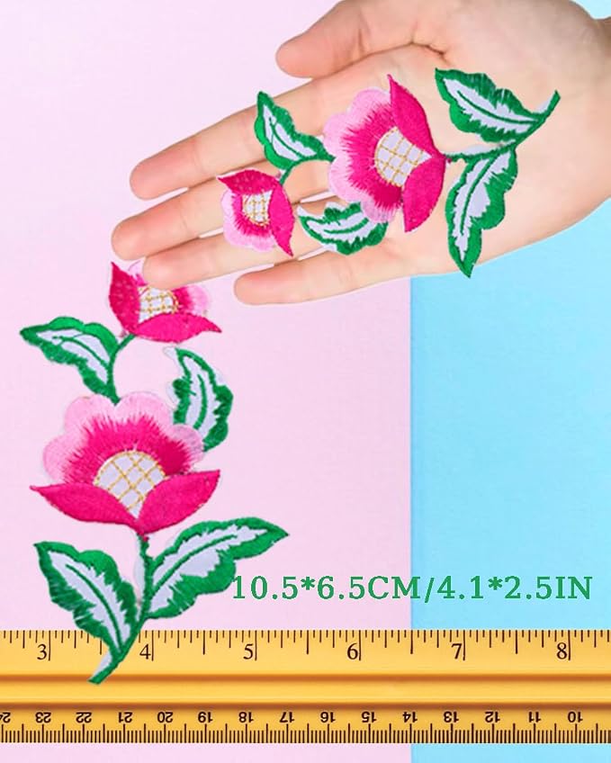 5 Pairs Floral Iron on Applique Flower with Green Vine Embroidered Patch for Collar Dress Accent Shoes Jeans Sewing Accessories Embellishment (Hot Pink) - Image 2