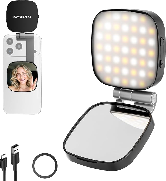 NEEWER Basics Magnetic Selfie Light Compatible with MagSafe iPhone, 2W CRI95+ Bi Color Swivel Small LED Phone Fill Lighting, 680lx/0.3m, Mirror for Vlog Recording Makeup Video Conference, NL45B Black by Neewer