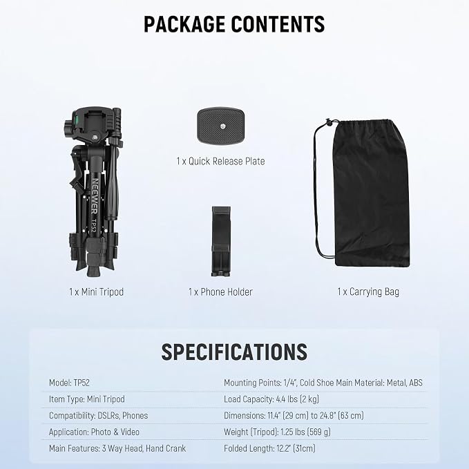 NEEWER Entry Level Version TP52 Mini Desk Phone Tripod Camera Webcam Stand | Compatible with iPhone for Video Recording, Small Compact Table Top DSLR Camcorder Stand, 3 Way Pan Tilt Head, Phone Holder - Image 8