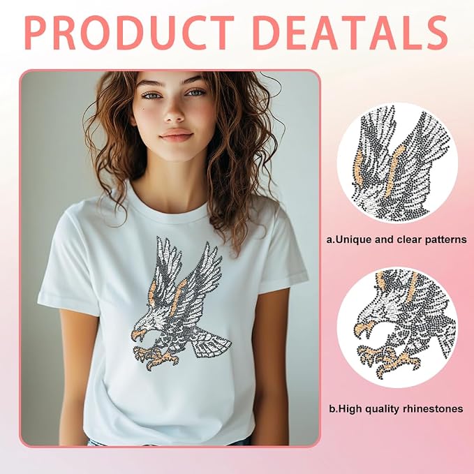 1 Pc Eagle Pattern Iron on Rhinestones Transfer, Bling DIY Patch Clothing Repair Applique T-Shirt Vest Shoes Hat Jacket Decor Clothing DIY Accessories - Image 2