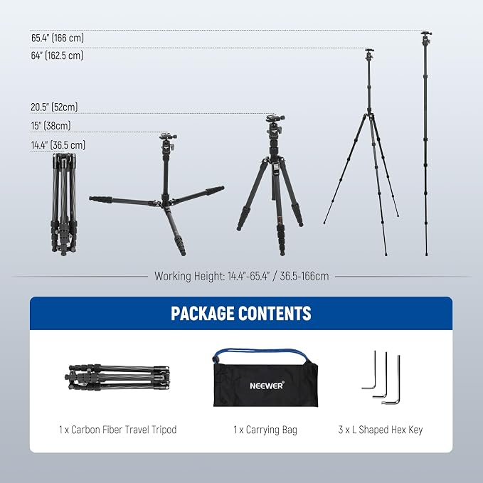 NEEWER Carbon Fiber Camera Tripod Monopod, 65" Lightweight Compact Portable Travel DSLR Video Stand, 360° Ball Head, Anti Slip QR Plate, Inverted Central Axis, Reversible Legs, Max Load 13.2 lbs, TP39 - Image 9