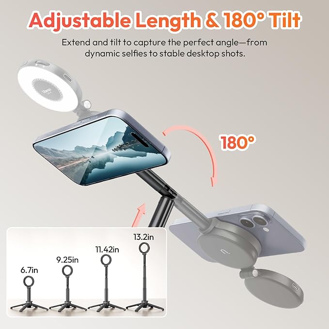 ULANZI MT71 Mini Magnetic Selfie Stick Tripod, Foldable & Lightweight, 180° Tilt, Compatible with iPhone 17-12 Series, with Adhesive Magnetic Ring for Desktop Shooting/Vlog/Selfie - Image 4