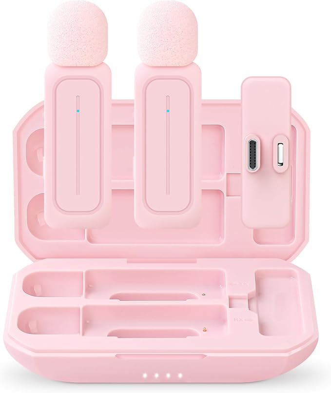 Ecomxia 2 Pack Wireless Lavalier Microphone for iPhone iPad Android with Charging Case - 7H Clip on Lapel Microphone Wireless for Video Recording Vlogging, YouTube, Interview, 3 Mode Denoise (Pink) by ECOMXIA