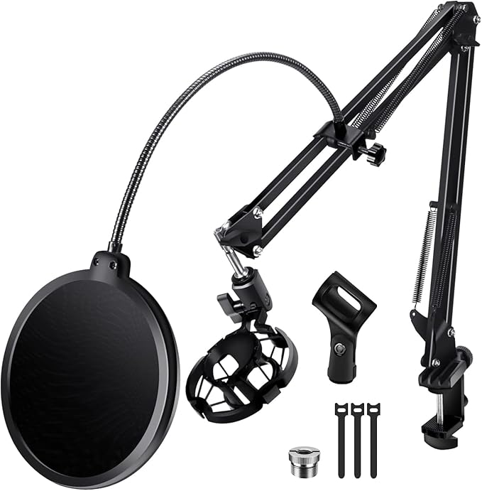 Versatile Boom Arm Stand for Desk, Adjustable Microphone Stand Kit | With Pop Filter, Shock Mount, Microphone Clip, Cable Ties, Table clamp to allow for horizontal and vertical fixing by BILIONE