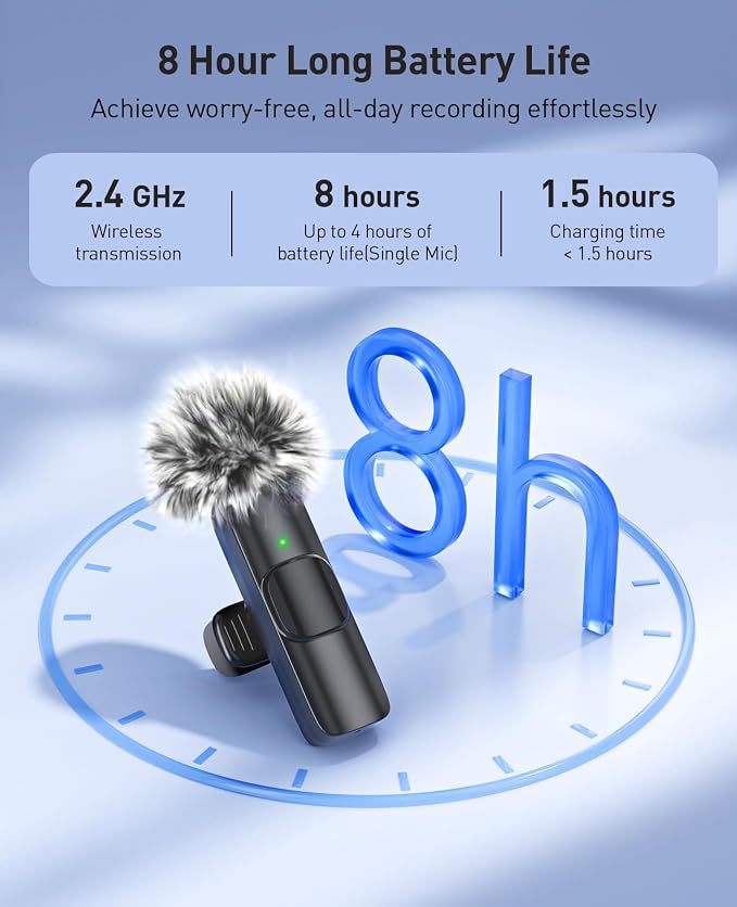 MENERESAS 3-in-1 Mini Microphone for iPhone: Wireless Lavalier Microphone with 80ft Range & 15H Battery - Noise Reduction Lapel Mic, Real-Time Monitoring for Video Recording Power Conditioners - Image 6