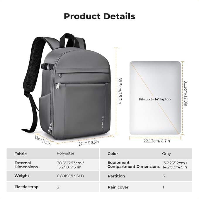 K&F CONCEPT Camera Backpack, DSLR/SLR/Mirrorless Photography Camera Bag | 14in Laptop Compartment & Rain Cover, 600D Fabric for Travel & Daily, Men & Women, Dual-Mode Detachable Dividers, Gray, B19 - Image 3