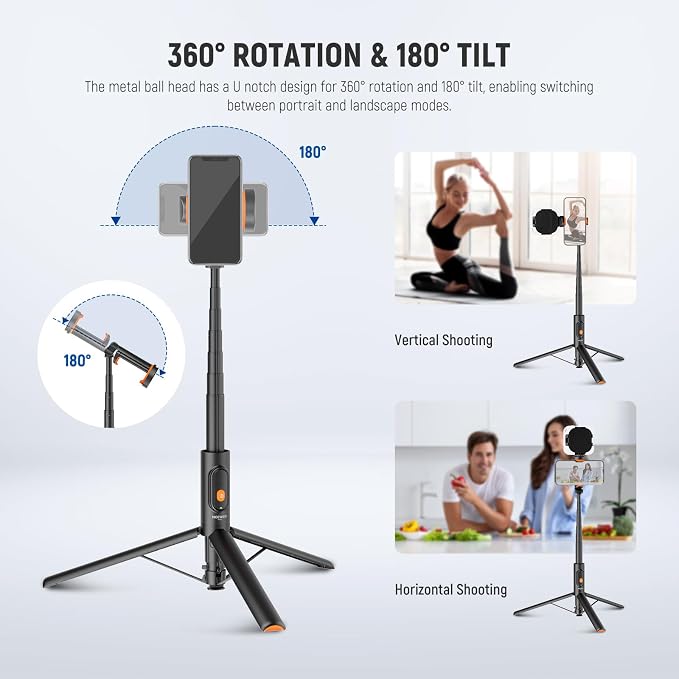 NEEWER 57.9" Selfie Stick Tripod Compatible with iPhone Samsung Android, Metal Portable Lightweight Travel Cell Phone Stand with Phone Holder Mount & Remote for Video Recording Filming, PA992 Black - Image 3