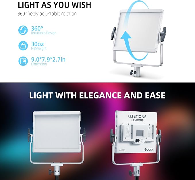 Godox LP400R RGB LED Video Light with Barndoor, 36W 1800K-10000K 6480Lux LED Panel Light with 14 FX Effects APP Control CRI/TLCI 96+ Dimmable 0-100% Studio Soft Lights for Photography - Image 6