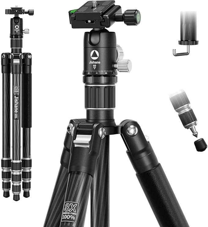 Carbon Fiber Camera Tripod, 62" Professional Video Tripod for Camera with 360° Ball Head, 1/4" Arca QR Plate, Compact Lightweight Travel Monopod for DSLR/Smartphone, Max Load 17.6 lbs/8kg by Jishane