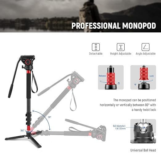 NEEWER 71.6" Pro Camera Monopod with Feet, Carbon Fiber Telescopic Video Monopod with QR Plate Compatible with DJI RS Gimbals, Removable Base for Camera Camcorder, Max Load 13.2lb/6Kg, TP71 - Image 2