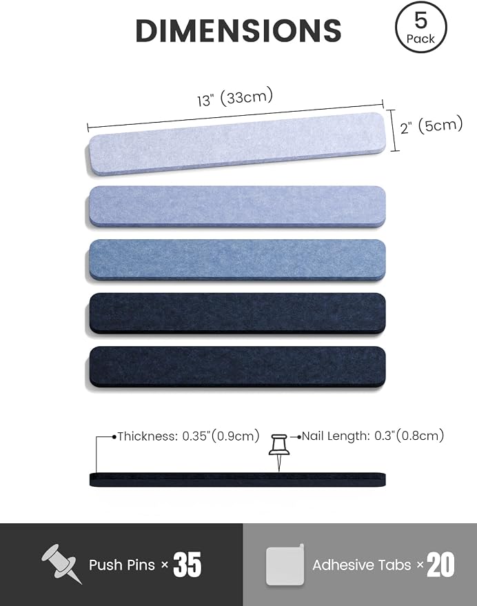 Fluxynara 13" x 2" Felt Wall Panels, Denim Mist | 5-Pack Includes 35 Push Pins and Adhesive Tabs for Photos, Notes and Decor in Bedroom Doors, Home Office or Studios - Image 2