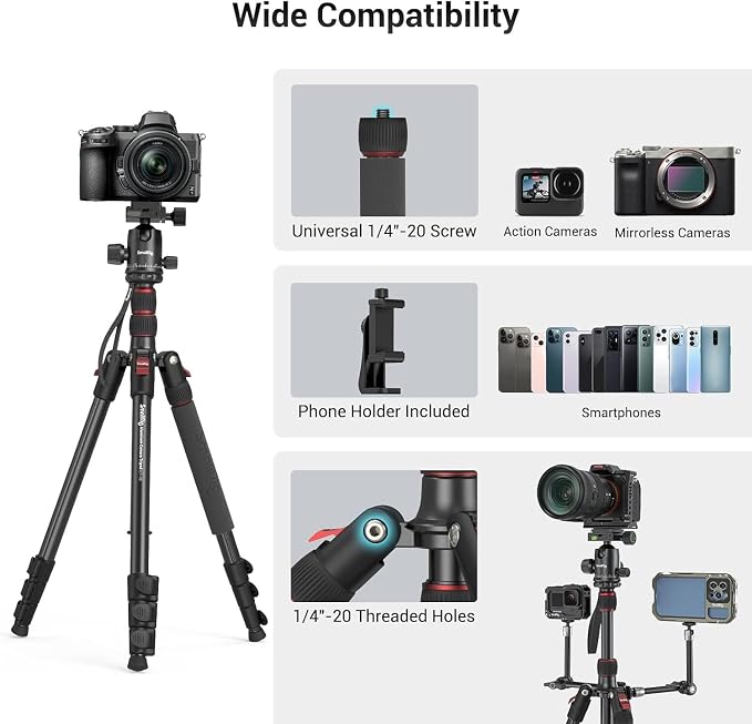 SmallRig CT-20 Camera Tripod, 78.7" Foldable Aluminum Tripod & Monopod, 360°Ball Head Detachable, Payload 33lb (200cm/78.7") - Image 8