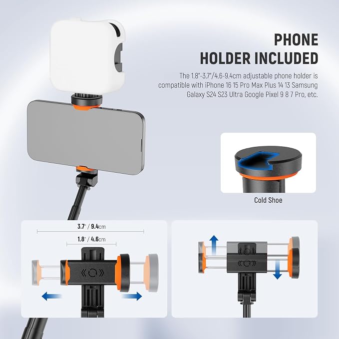 NEEWER 57.9" Selfie Stick Tripod Compatible with iPhone Samsung Android, Metal Portable Lightweight Travel Cell Phone Stand with Phone Holder Mount & Remote for Video Recording Filming, PA992 Black - Image 6