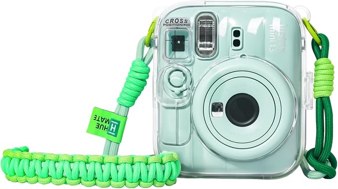 Clear Camera Case for Fujifilm Instax Mini 13, Green Camera Strap | Protective Cover with Anti-Accidental Shutter, 4 Composition Cards, Photo Storage Holds 10 Films,Clear Hard Shell, No Camera by Huemate