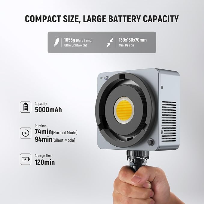 NEEWER 80W LED Video Light with 72Wh Battery/100W PD Fast Charging APP/2.4G Control Portable Bi Color Mini COB Studio Continuous Output Lighting 26500lx/1m 2700-6500K Dimmable CRI95+ 13 Scenes, HB80B - Image 7